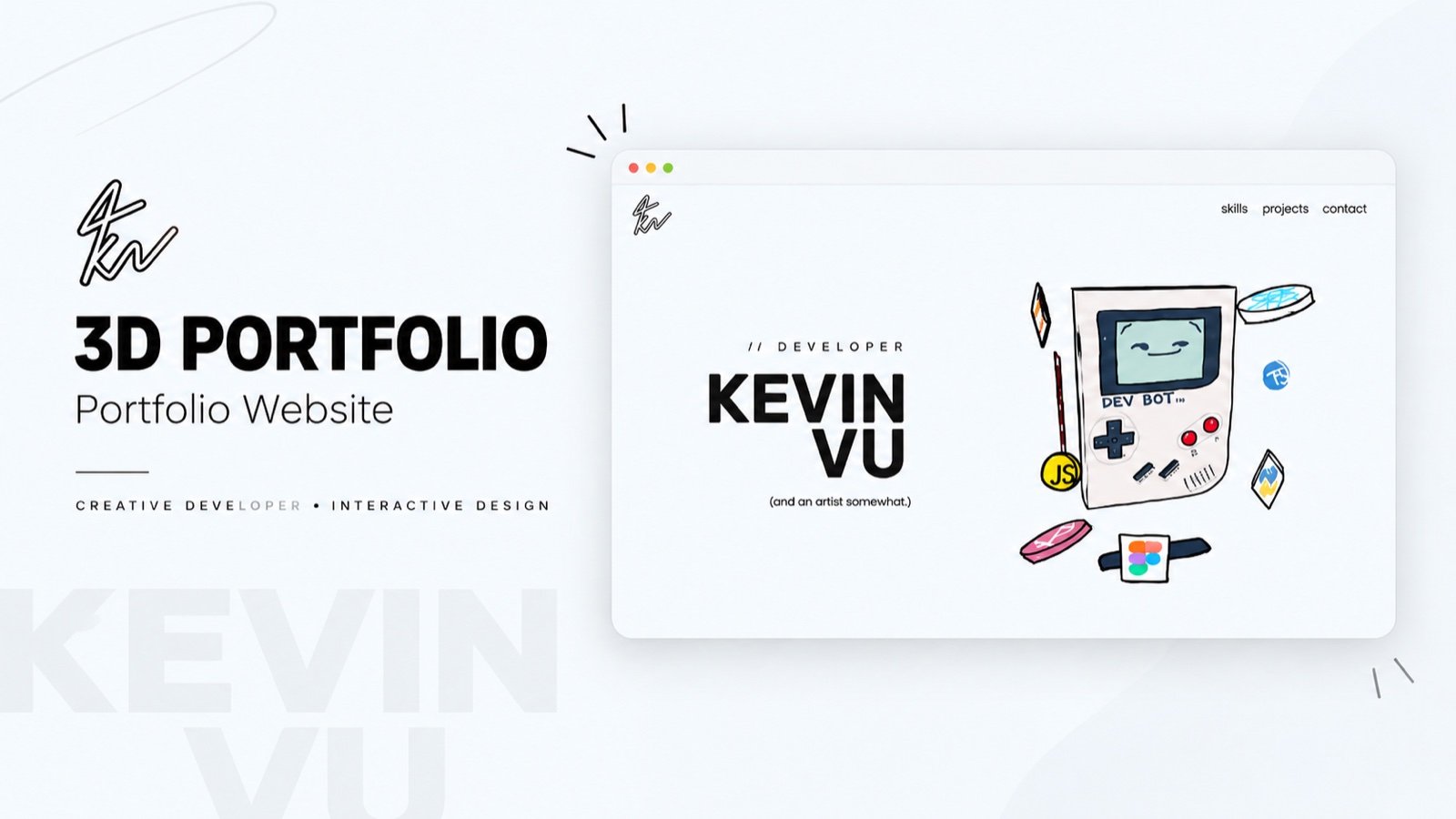 3D Portfolio presentation: the title and a signature logo beside a browser window showing the site hero, with a hand-drawn Game Boy labelled Dev Bot surrounded by floating tool logos