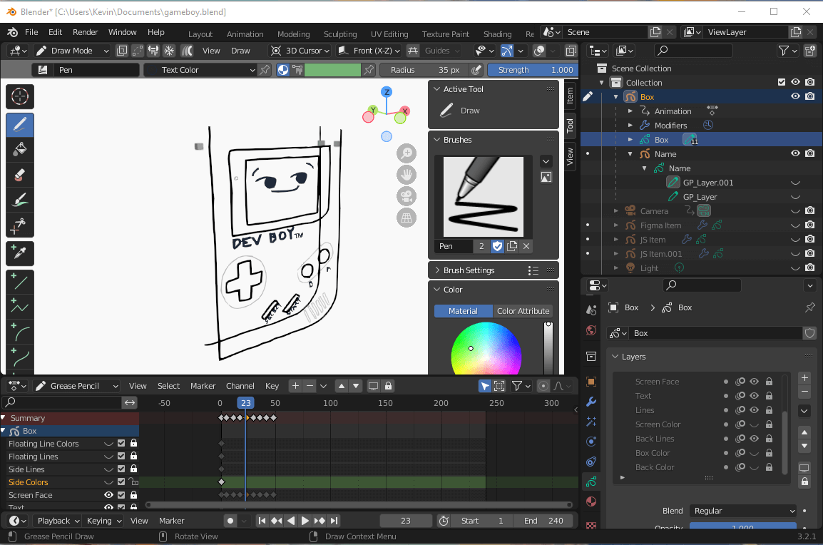 Blender's Grease Pencil workspace showing the line art of DevBoy, a Game Boy with a smirking face on its screen