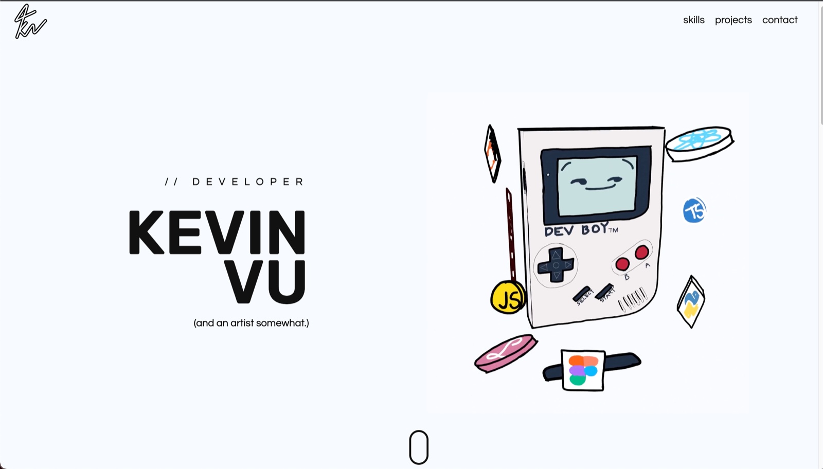 The finished site's hero: the name Kevin Vu beside a hand-drawn Game Boy labelled Dev Boy, surrounded by floating tool logos