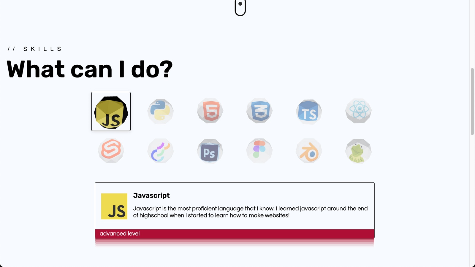 The skills section of the site: twelve low-poly icosahedrons stamped with tool logos, with JavaScript selected and described below