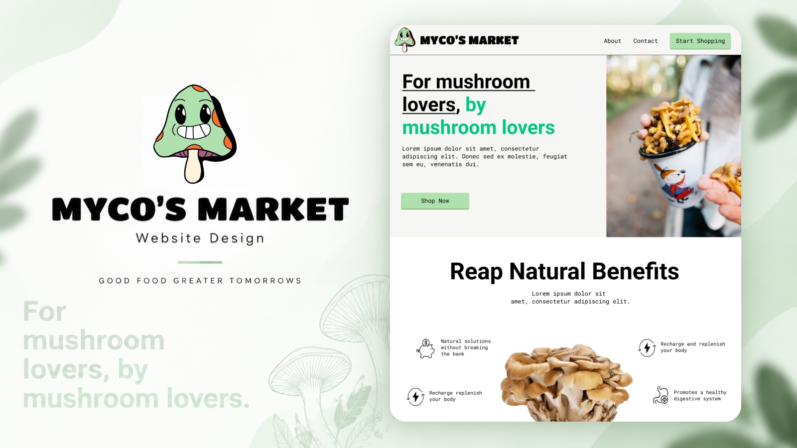 Myco's Market website design presentation: a grinning spotted green mushroom mascot above the wordmark, beside a tablet mockup of the landing page with the headline For mushroom lovers, by mushroom lovers and a Reap Natural Benefits section