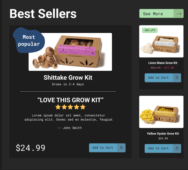 Best Sellers section in the dark theme: a featured Shiitake grow kit card marked Most popular with a five-star review and price, beside smaller Lion's Mane and Yellow Oyster grow kit cards