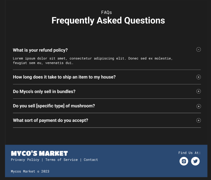 Frequently Asked Questions section: an accordion of five questions with the refund policy expanded, above a blue footer with the wordmark and social links