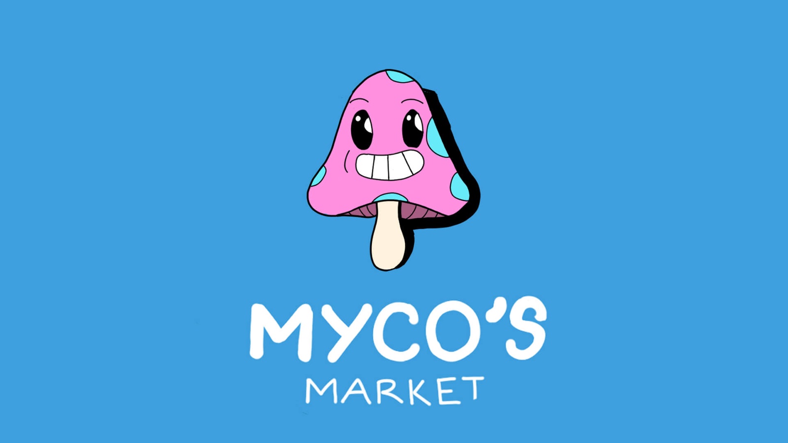 Myco's Market logo: a grinning pink mushroom mascot with blue spots above the hand-lettered wordmark, on a bright blue background