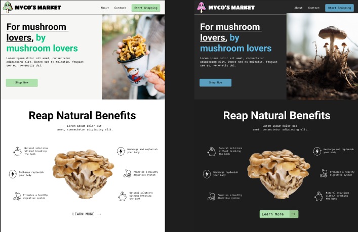 Side-by-side landing page mockups: a light theme with green accents and a dark theme with blue accents, each with the For mushroom lovers hero and a Reap Natural Benefits section