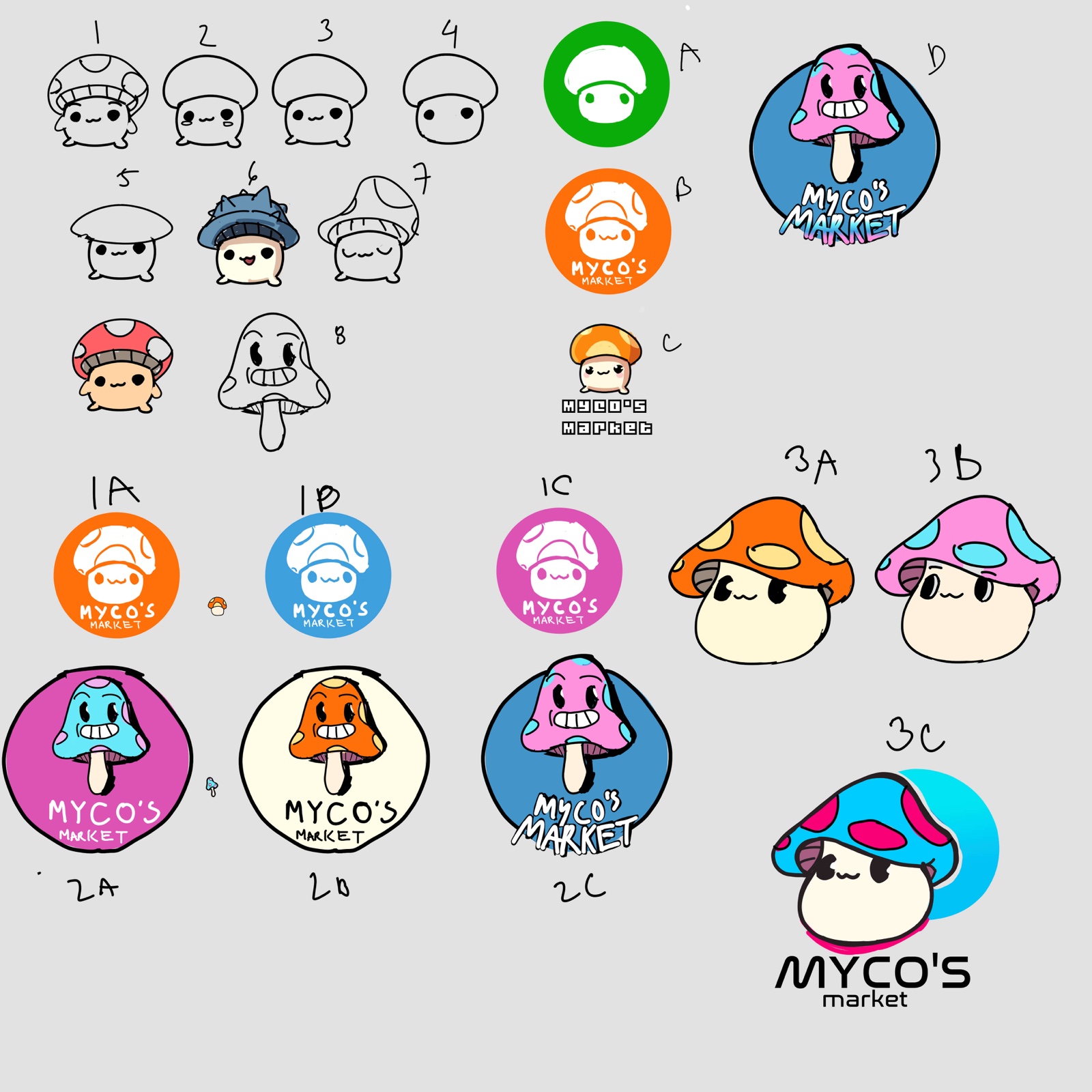 A sheet of mascot sketches: numbered line drawings of round mushroom faces, badge logos in green, orange, blue, and pink, and colored variations of a smiling mushroom with a toothy grin